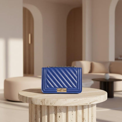 Blue Quilted Shoulder Bag, Chain Strap Purse, Diagonal Quilted Crossbody Bag, Cobalt Blue Handbag, Elegant Flap Bag