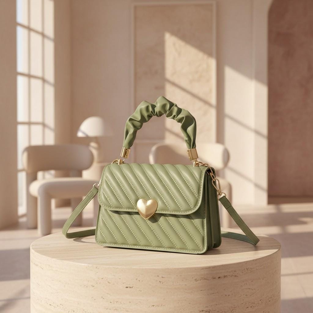 Sage Green Quilted Crossbody Bag, Women's Shoulder Purse, Heart Clasp Flap Bag, Small Everyday Handbag