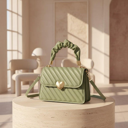 Sage Green Quilted Crossbody Bag, Women's Shoulder Purse, Heart Clasp Flap Bag, Small Everyday Handbag