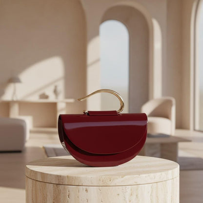 Burgundy Glossy Top Handle Bag, Half Moon Shoulder Purse, Wine Red Handbag, Gold Handle Evening Bag