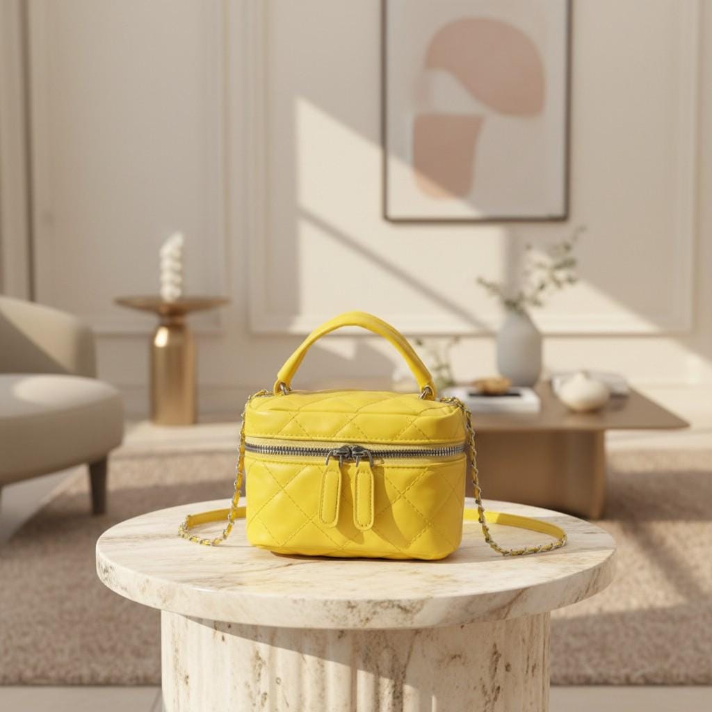 Yellow Quilted Crossbody Bag, Mini Top Handle Purse, Small Shoulder Bag, Y2K Handbag