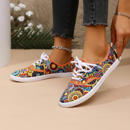 Colorful Geometric Sneakers for Women, Boho Patterned Low Top Shoes, Multicolor Lace Up Sneakers, Artistic Casual Footwear