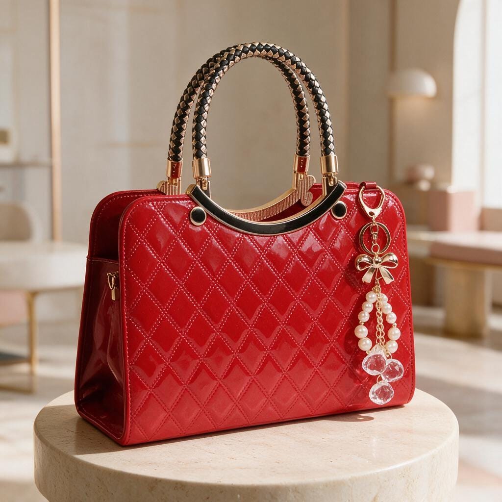Red Quilted Handbag, Pearl Charm Purse, Glossy Top Handle Bag, Red Shoulder Bag, Elegant Crossbody Tote, Women's Bag