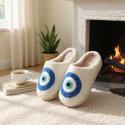 Evil Eye Slippers, Nazar Blue Eye Fuzzy House Shoes, Plush Cozy Slippers