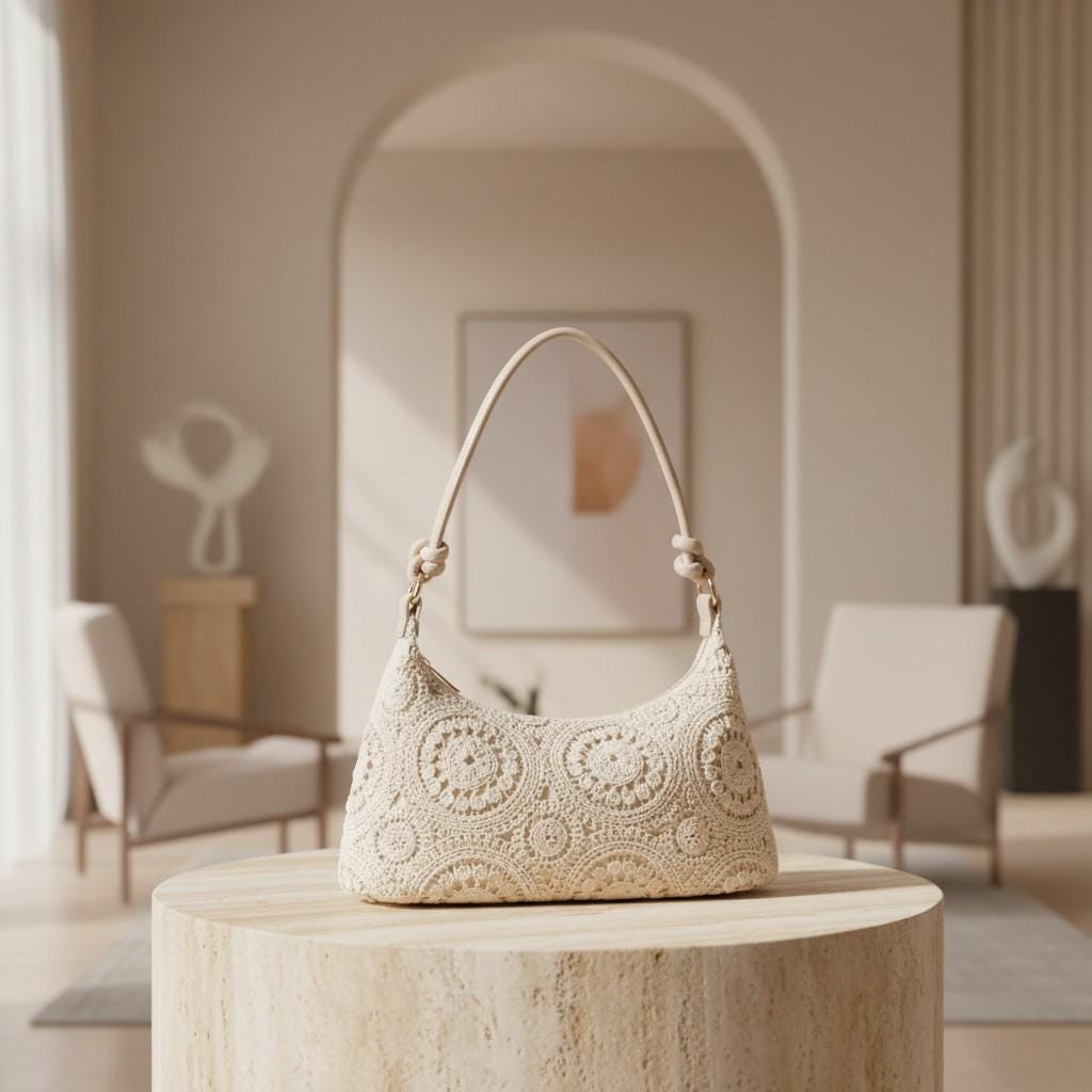 Crochet Shoulder Bag, Cream Lace Purse, Boho Crochet Handbag, Vintage Floral Bag, Romantic Summer Purse