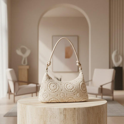 Crochet Shoulder Bag, Cream Lace Purse, Boho Crochet Handbag, Vintage Floral Bag, Romantic Summer Purse
