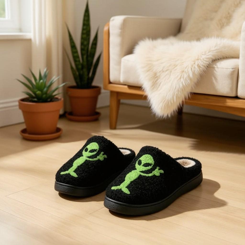 Alien Slippers, Green Alien House Shoes, Fuzzy Black Slippers