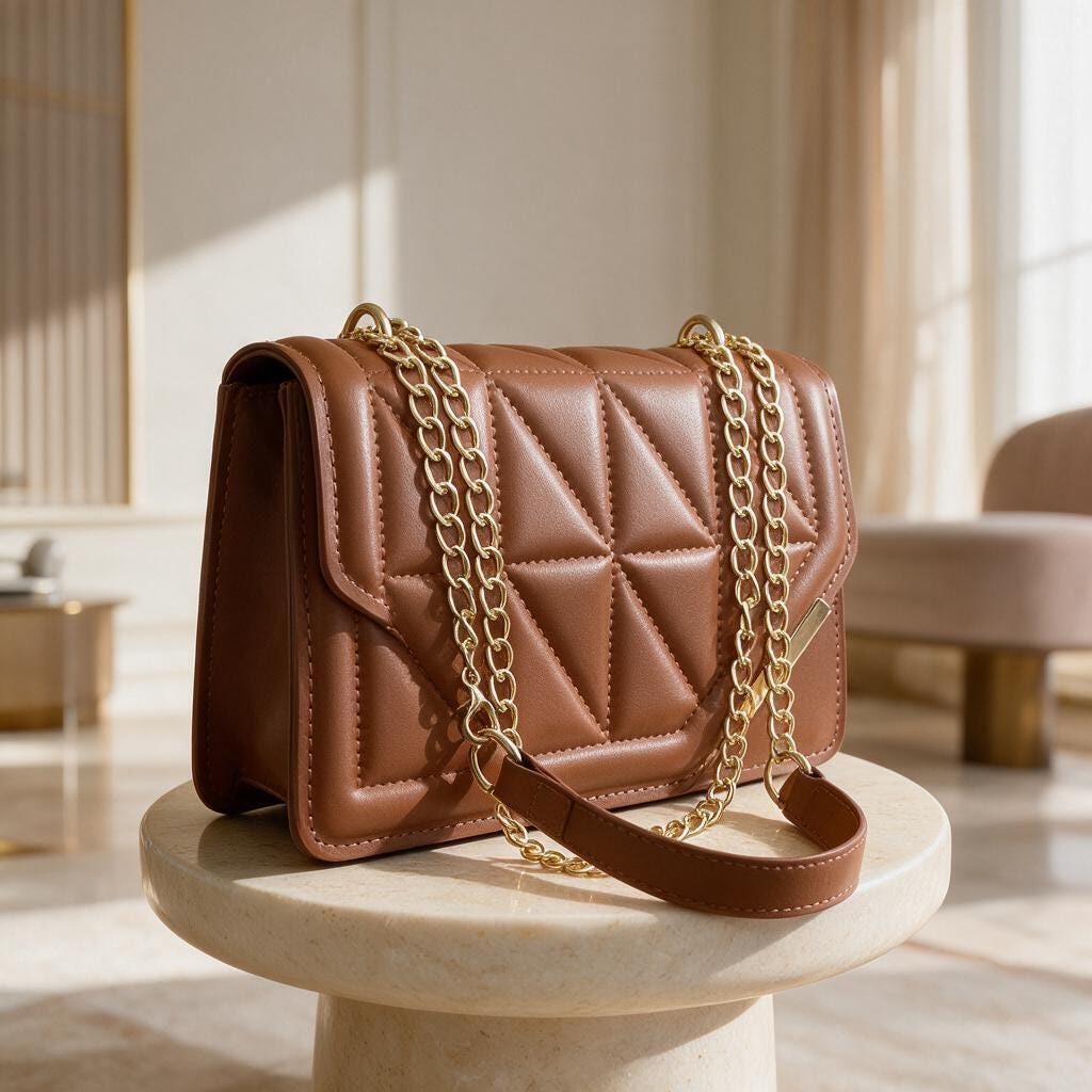 Brown Quilted Shoulder Bag, Geometric Flap Purse, Cognac Chain Handbag, Crossbody Bag, Elegant Quilted Purse
