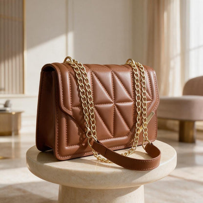 Brown Quilted Shoulder Bag, Geometric Flap Purse, Cognac Chain Handbag, Crossbody Bag, Elegant Quilted Purse