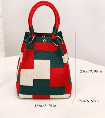 Geometric Woven Bag, Color Block Bucket Bag, Red Green Handbag, Woven Shoulder Purse, Colorful Summer Bag