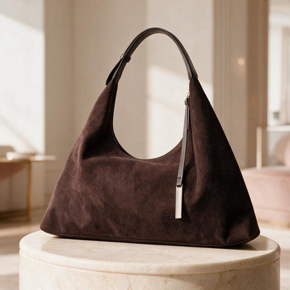 Dark Brown Suede Look Hobo Bag, Slouchy Shoulder Bag, Soft Brown Purse, Minimalist Underarm Handbag, 90s Inspired Bag