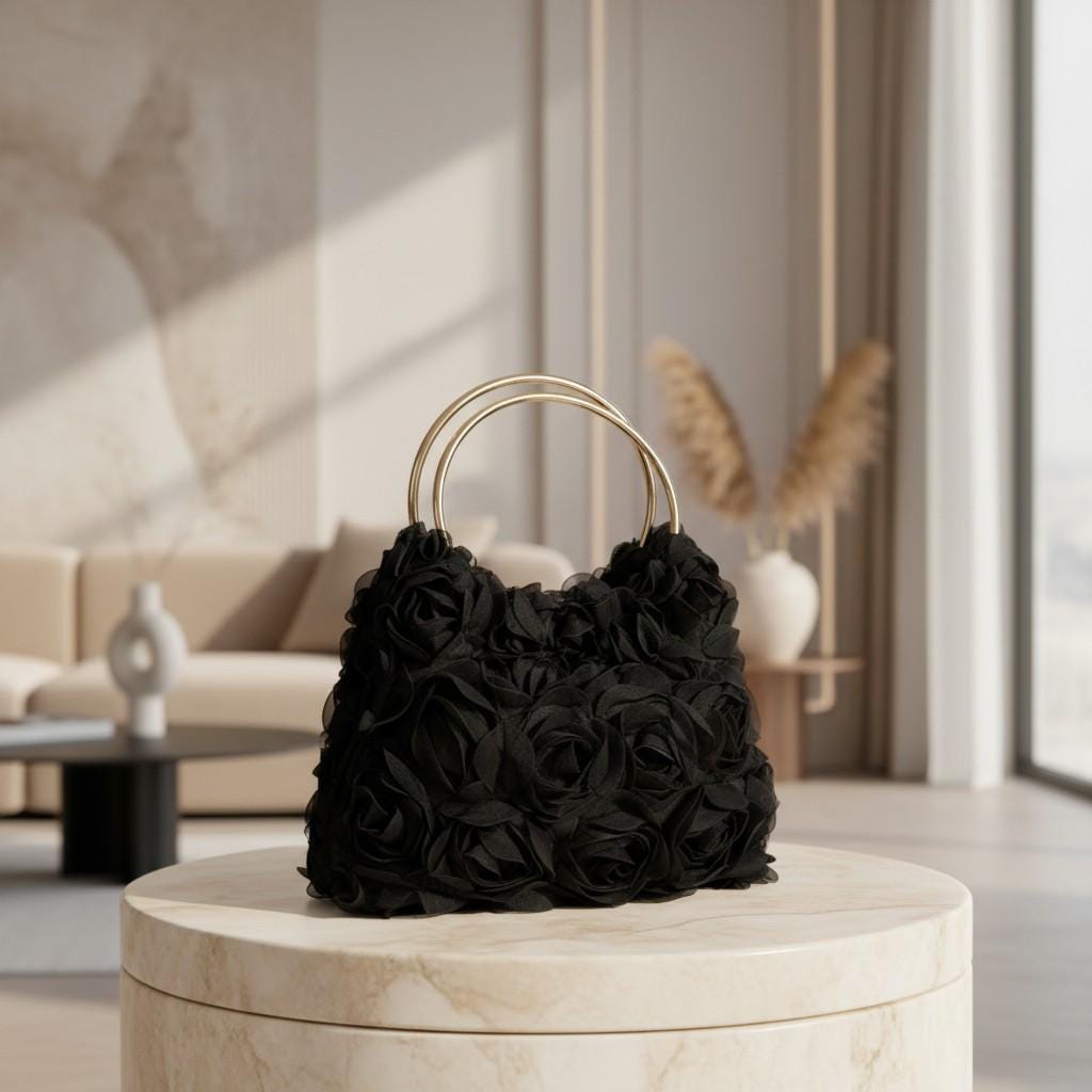 Black Rose Flower Handbag, 3D Floral Shoulder Bag, Black Flower Purse, Elegant Evening Bag, Gold Ring Handle Purse