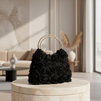 Black Rose Flower Handbag, 3D Floral Shoulder Bag, Black Flower Purse, Elegant Evening Bag, Gold Ring Handle Purse