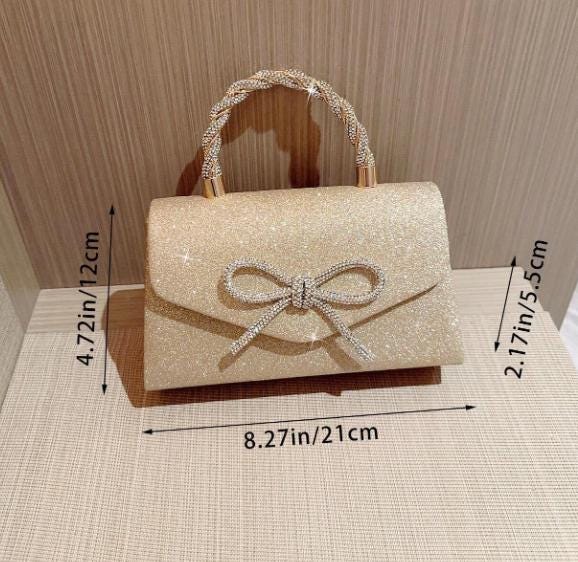 Gold Bow Clutch Bag, Rhinestone Evening Purse for Women, Sparkly Wedding Handbag, Elegant Party Bag