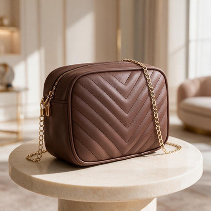 Brown Quilted Crossbody Bag, Chevron Shoulder Purse, Gold Chain Handbag, Small Brown Evening Bag, Elegant Women Bag