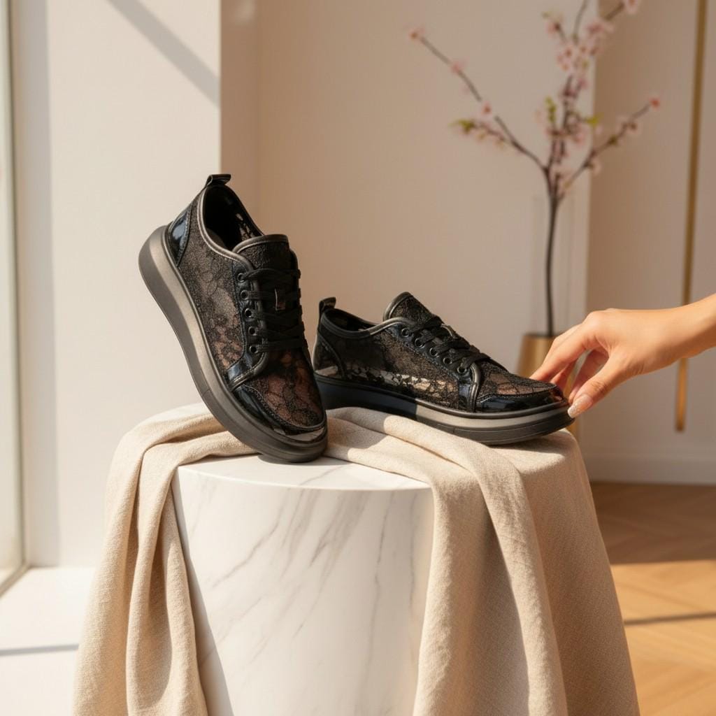 Black Lace Platform Sneakers, Women's Chunky Lace-Up Shoes