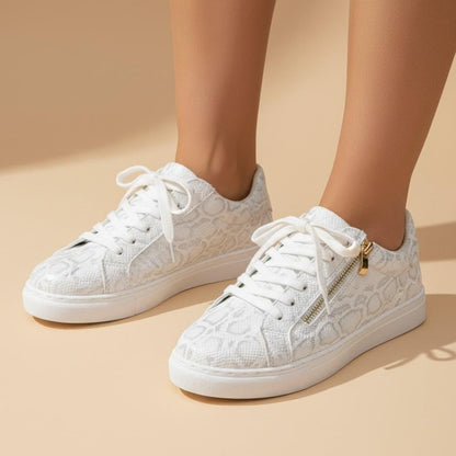 White Floral Sneakers, Women's Lace Up Shoes, Gold Zipper Casual Trainers