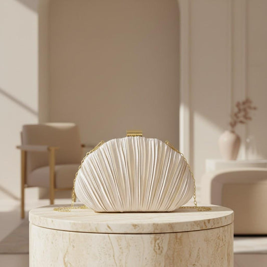 Ivory Shell Clutch Bag, Pleated Evening Purse with Gold Chain, Elegant Wedding Bridal Bag, Formal Party Handbag