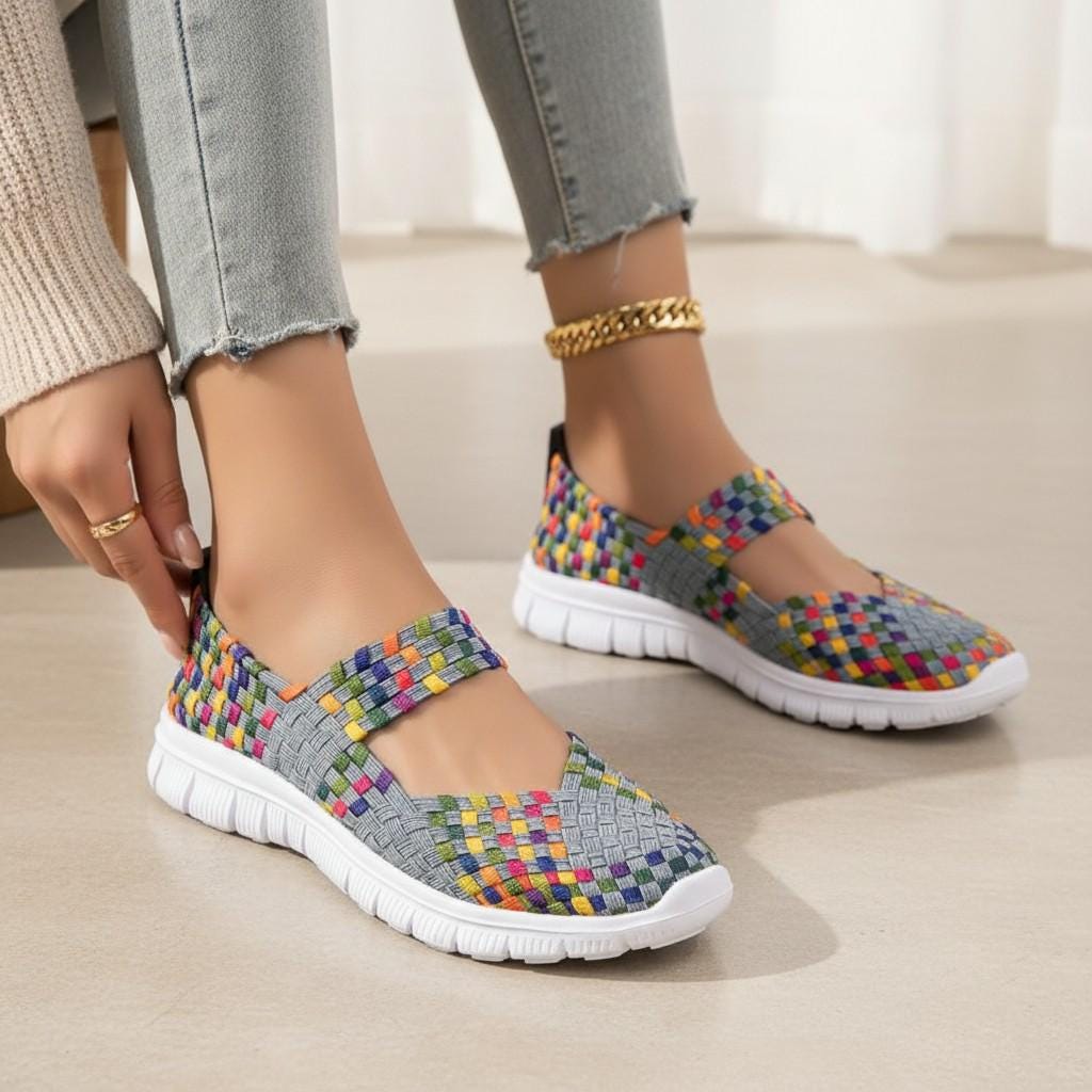 Colorful Woven Slip On Shoes for Women, Geometric Mary Jane Sneakers, Casual Summer Footwear