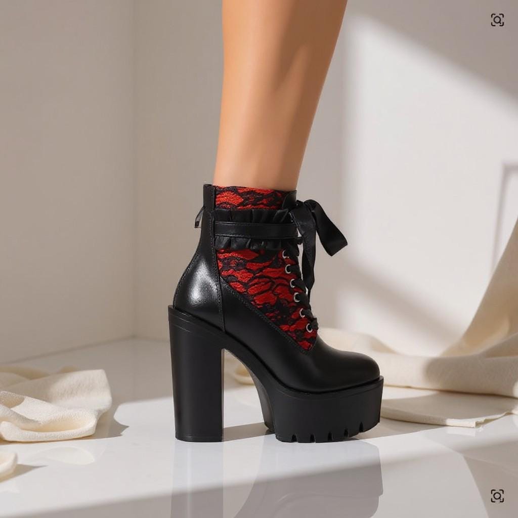 Black Red Platform Ankle Boots, Lace Up Chunky Heel Boots, Gothic Punk Shoes, Y2K Statement Footwear