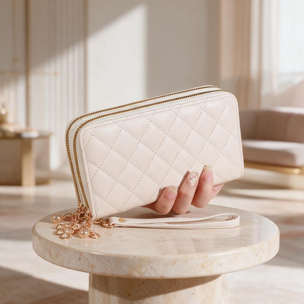 White Quilted Wristlet Wallet, Womens Zip Wallet, Elegant Long Wallet, Gift for Her