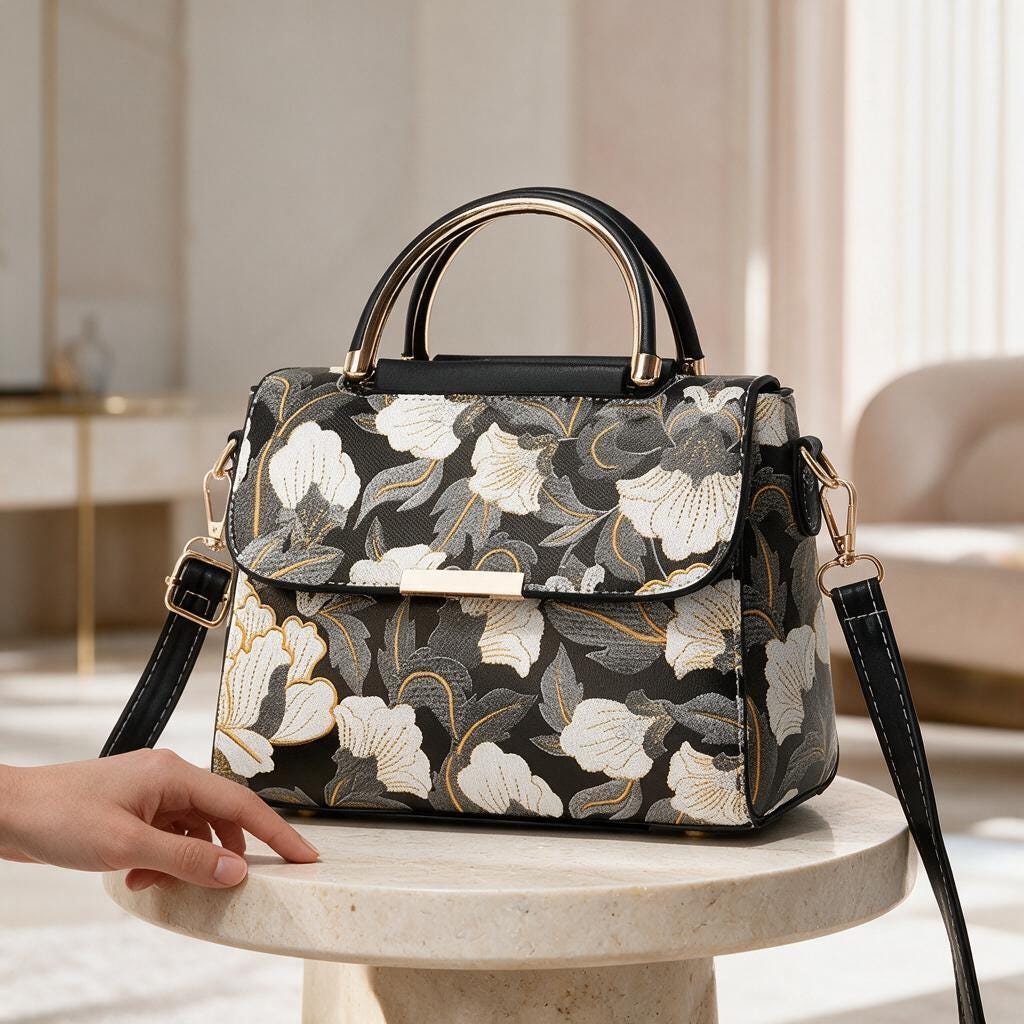 Black Floral Handbag, Structured Satchel Purse, White Flower Shoulder Bag, Top Handle Crossbody Bag, Elegant Women's Bag