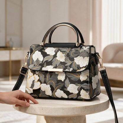 Black Floral Handbag, Structured Satchel Purse, White Flower Shoulder Bag, Top Handle Crossbody Bag, Elegant Women's Bag