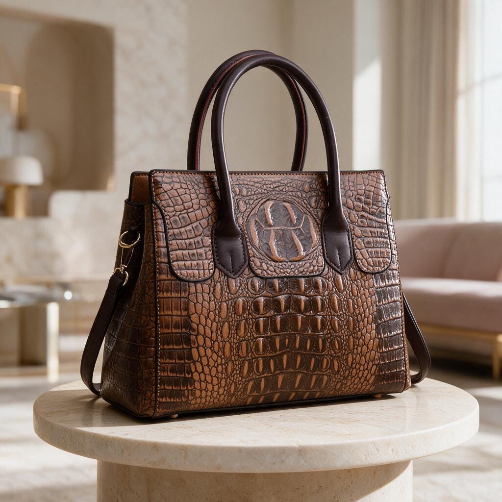 Brown Crocodile Effect Handbag, Structured Satchel Purse, Women's Top Handle Bag, Embossed Shoulder Bag