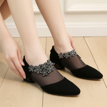 Black Mesh Pumps for Women, Pointed Toe Embellished Heels, Elegant Dress Shoes