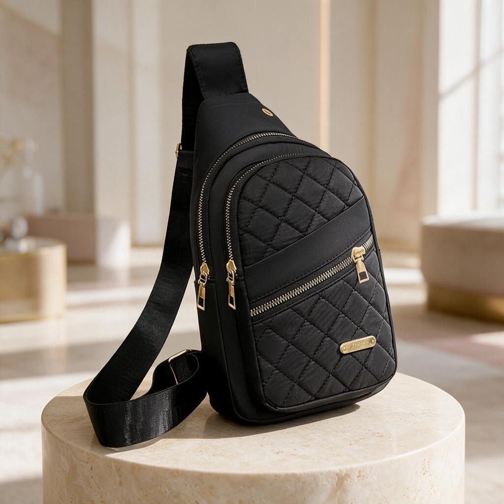 Black Quilted Sling Bag, Women's Crossbody Backpack, Padded Chest Bag, Small Travel Backpack, Multi Pocket Everyday Bag