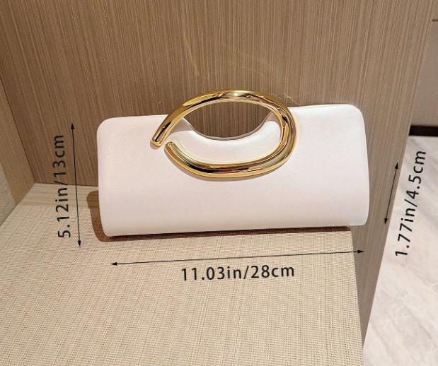 Ivory Clutch Bag, White Evening Purse, Gold Ring Handle Bag, Wedding Guest Clutch, Elegant Bridal Bag, Formal Party Purse