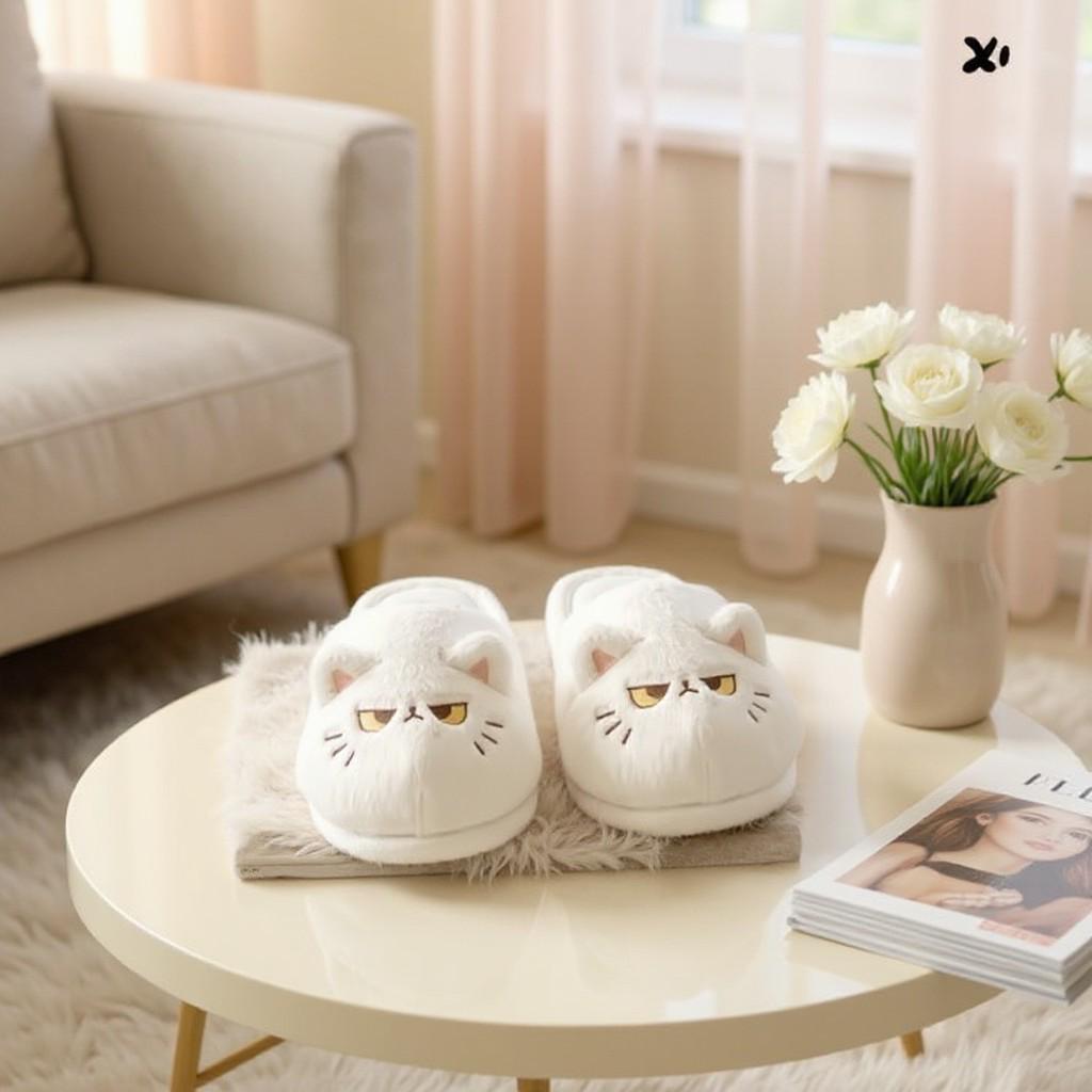 Grumpy Cat Slippers, White Plush Cat Slides, Cute Fuzzy House Shoes