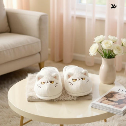 Grumpy Cat Slippers, White Plush Cat Slides, Cute Fuzzy House Shoes