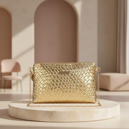 Metallic Gold Clutch Bag, Woven Gold Crossbody Purse, Chain Shoulder Bag, Gold Evening Handbag, Elegant Party Purse