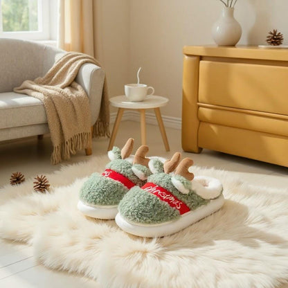 Reindeer Christmas Slippers, Green Fuzzy Plush House Shoes, Cozy Holiday Slippers