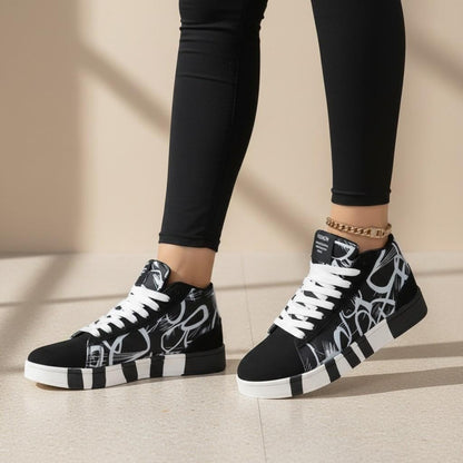 Black White High Top Sneakers, Women's Graphic Print Shoes, Streetwear