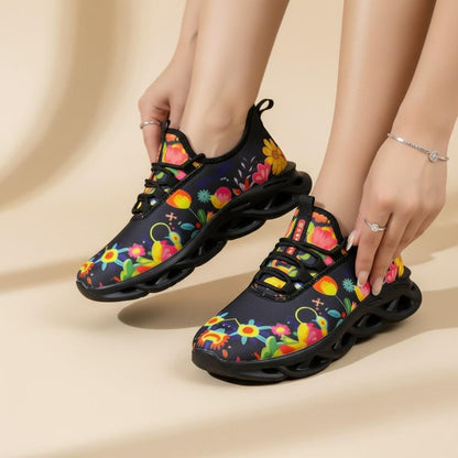 Colorful Floral Sneakers for Women, Botanical Athletic Shoes, Flower Print Running Shoes, Black Casual Sneakers, Gift for Her