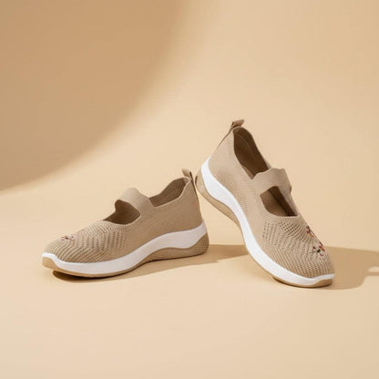 Floral Mary Jane Sneakers for Women, Beige Knit Shoes, Embroidered Casual Walking Flats