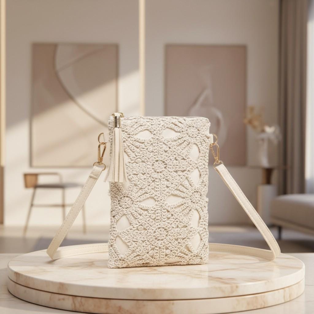 Cream Crochet Crossbody Bag, Lace Shoulder Purse, Boho Tassel Mini Bag