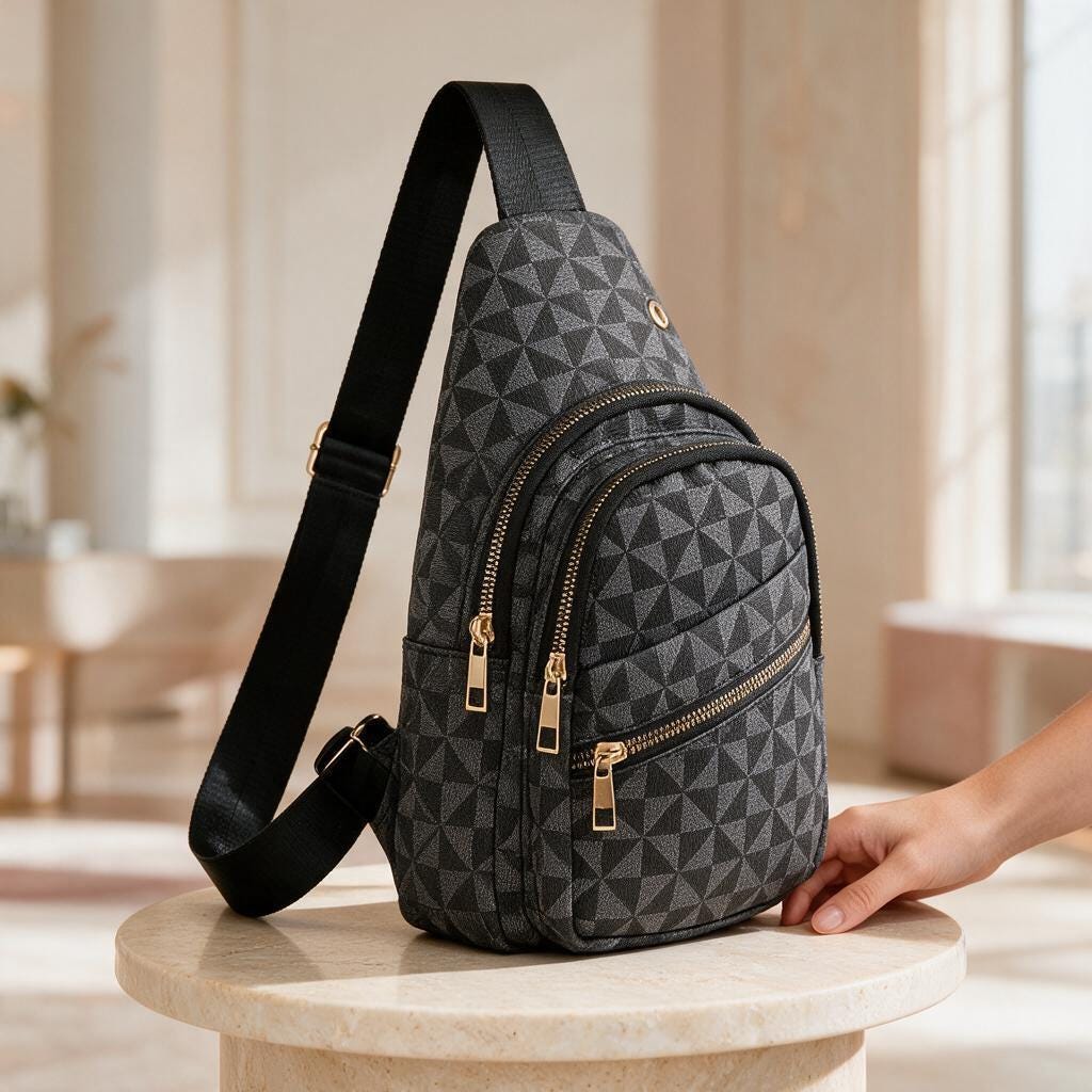 Black Geometric Sling Bag, Women's Crossbody Chest Bag, Textured Shoulder Backpack, Multi Pocket Travel Bag, Everyday Purse