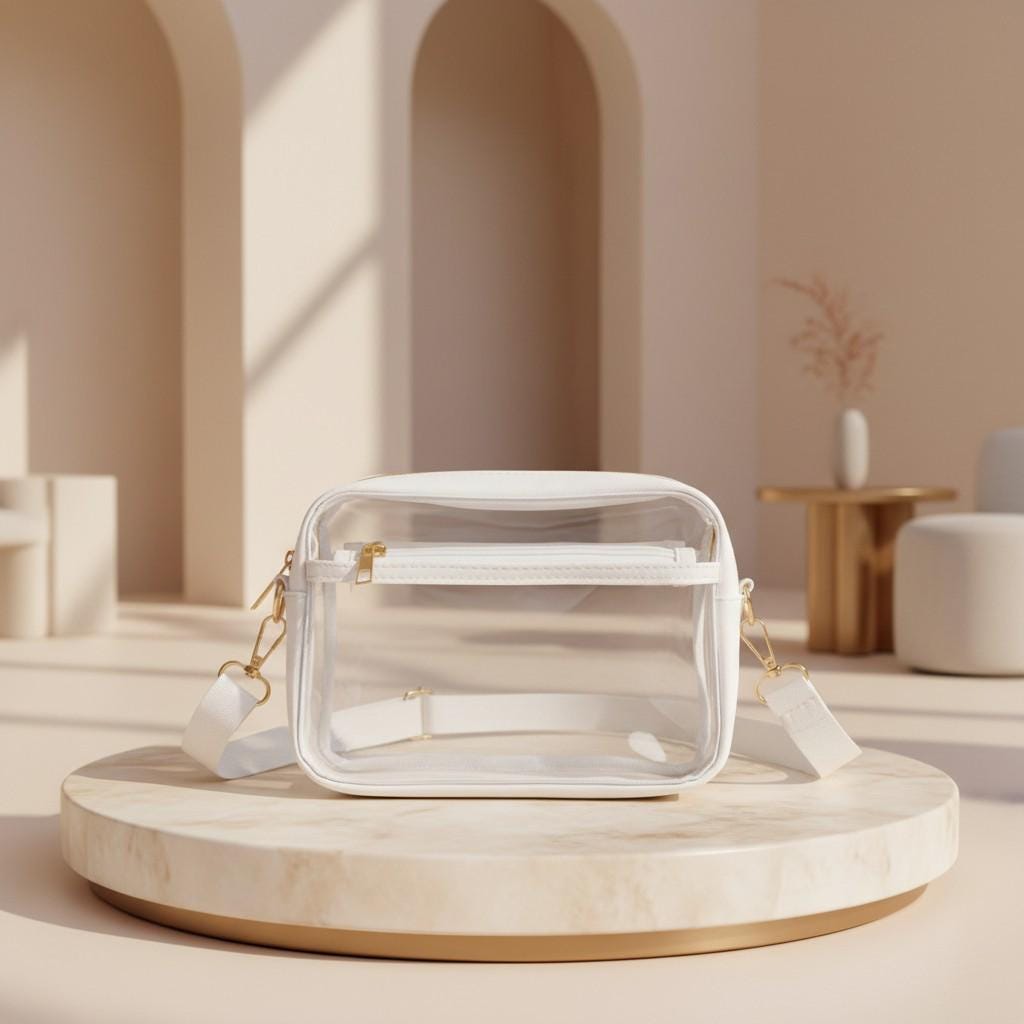Clear Crossbody Bag for Women, Transparent Shoulder Purse, White Trim Travel Bag, Minimalist Everyday Handbag