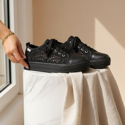 Black Lace Sneakers for Women, Chunky Platform Shoes, Lace Up Fashion Trainers
