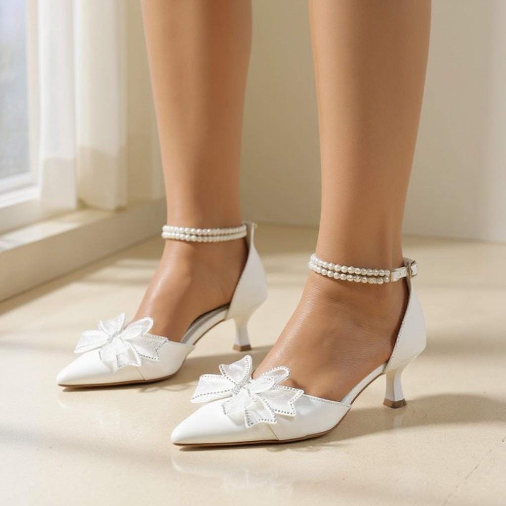 White Bow Heels, Pearl Ankle Strap Pumps, Pointed Toe Wedding Shoes