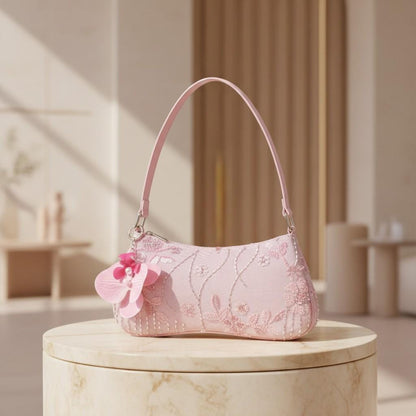 Pink Floral Beaded Shoulder Bag, Sequin Embroidered Purse, Romantic Flower Handbag, Cute Evening Bag for Women