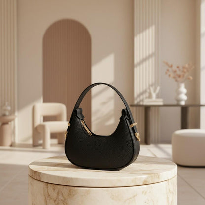 Black Crescent Shoulder Bag, Pebbled Hobo Purse, Textured Half Moon Handbag, Gold Hardware Bag, Minimalist Everyday Purse