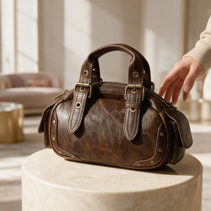 Vintage Brown Handbag, Distressed Bowling Bag, Retro Satchel Purse, Structured Top Handle Bag, Brown Womens Handbag