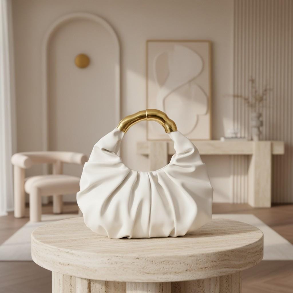 White Ruched Hobo Bag, Top Handle Handbag, Slouchy Shoulder Purse, Ivory Gathered Bag, Elegant Women's Handbag