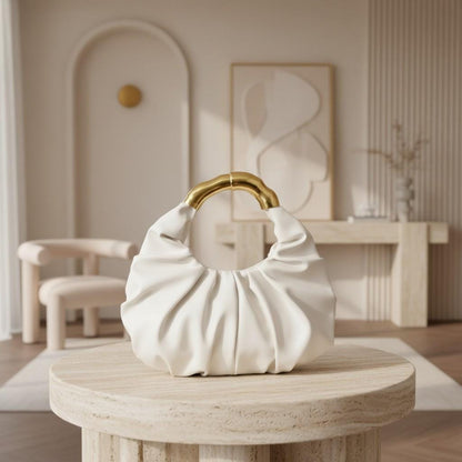 White Ruched Hobo Bag, Top Handle Handbag, Slouchy Shoulder Purse, Ivory Gathered Bag, Elegant Women's Handbag