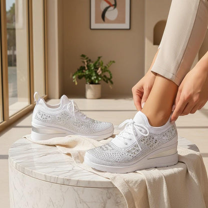 White Wedge Sneakers for Women, Embellished Platform Shoes, Knit Fashion Sneakers