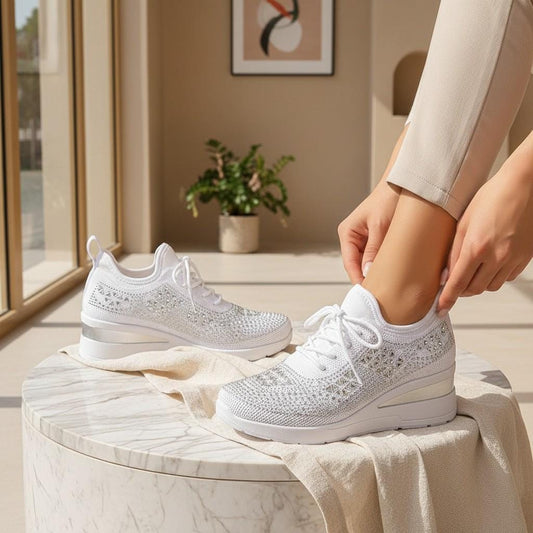 White Wedge Sneakers for Women, Embellished Platform Shoes, Knit Fashion Sneakers
